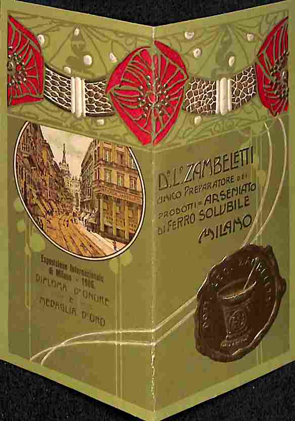 D. L. Zambeletti unico preparatore dei prodotti arseniato di ferro solubile, Milano (calendarietto anno 1908)